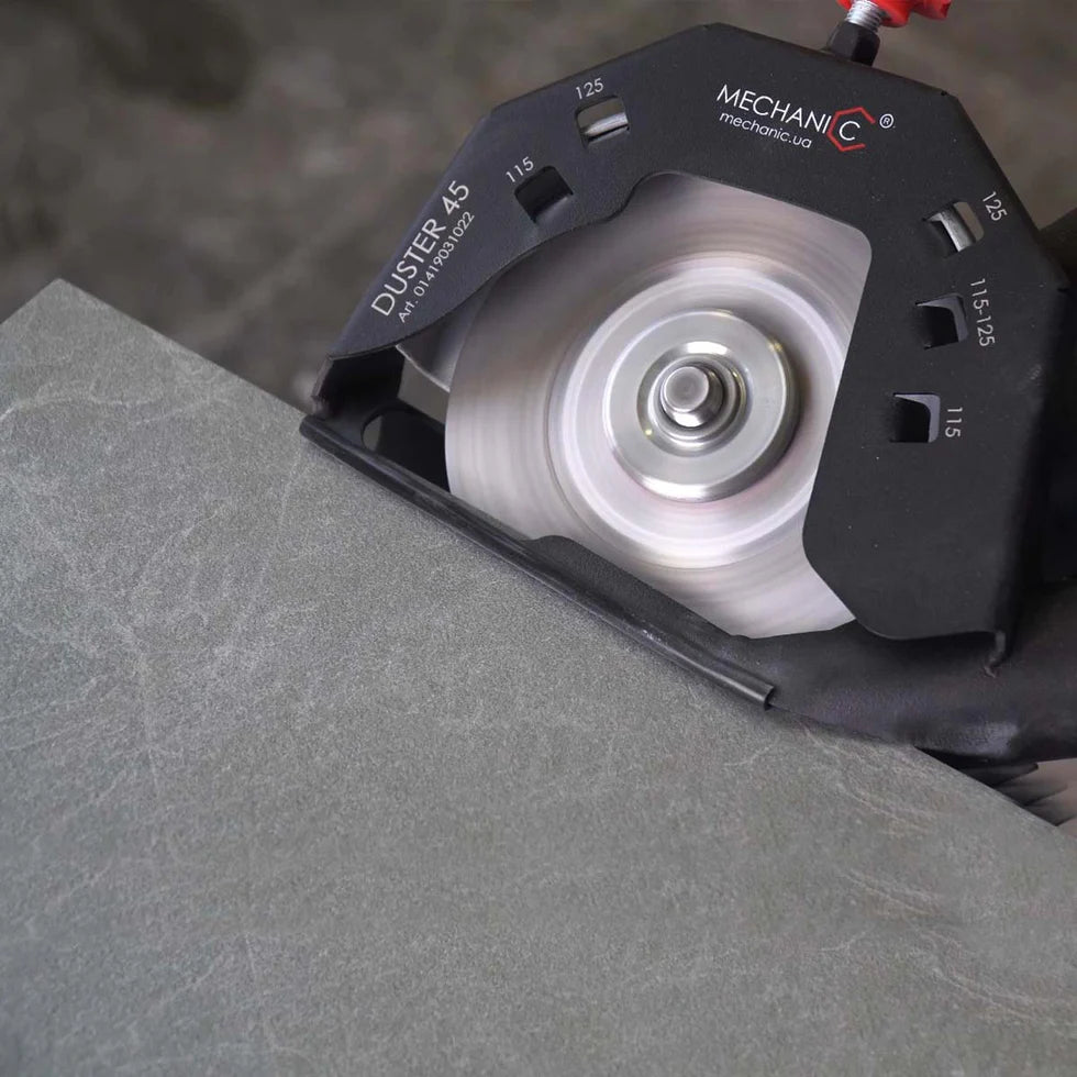 DUSTER 45 Cutting Guard 4.55 Dust-Free 45 Tile Cutting Attachment for Angle Grinders - in use