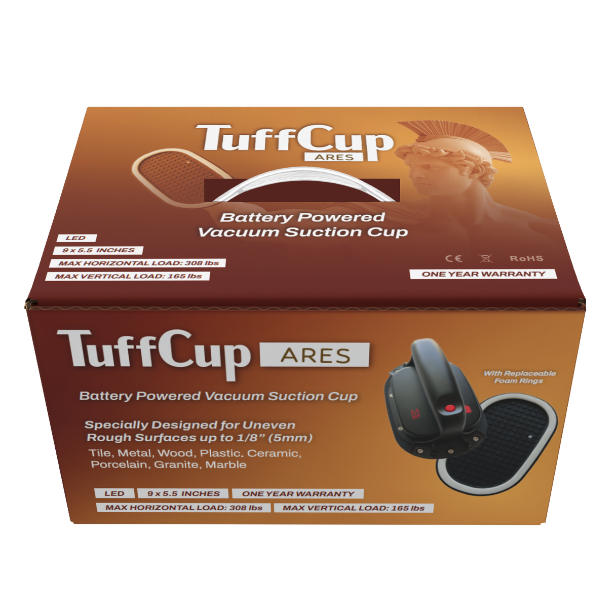 Tenax TuffCup Ares 9" x 5.5" LED Battery Powered Vacuum Cup for Rough Surfaces