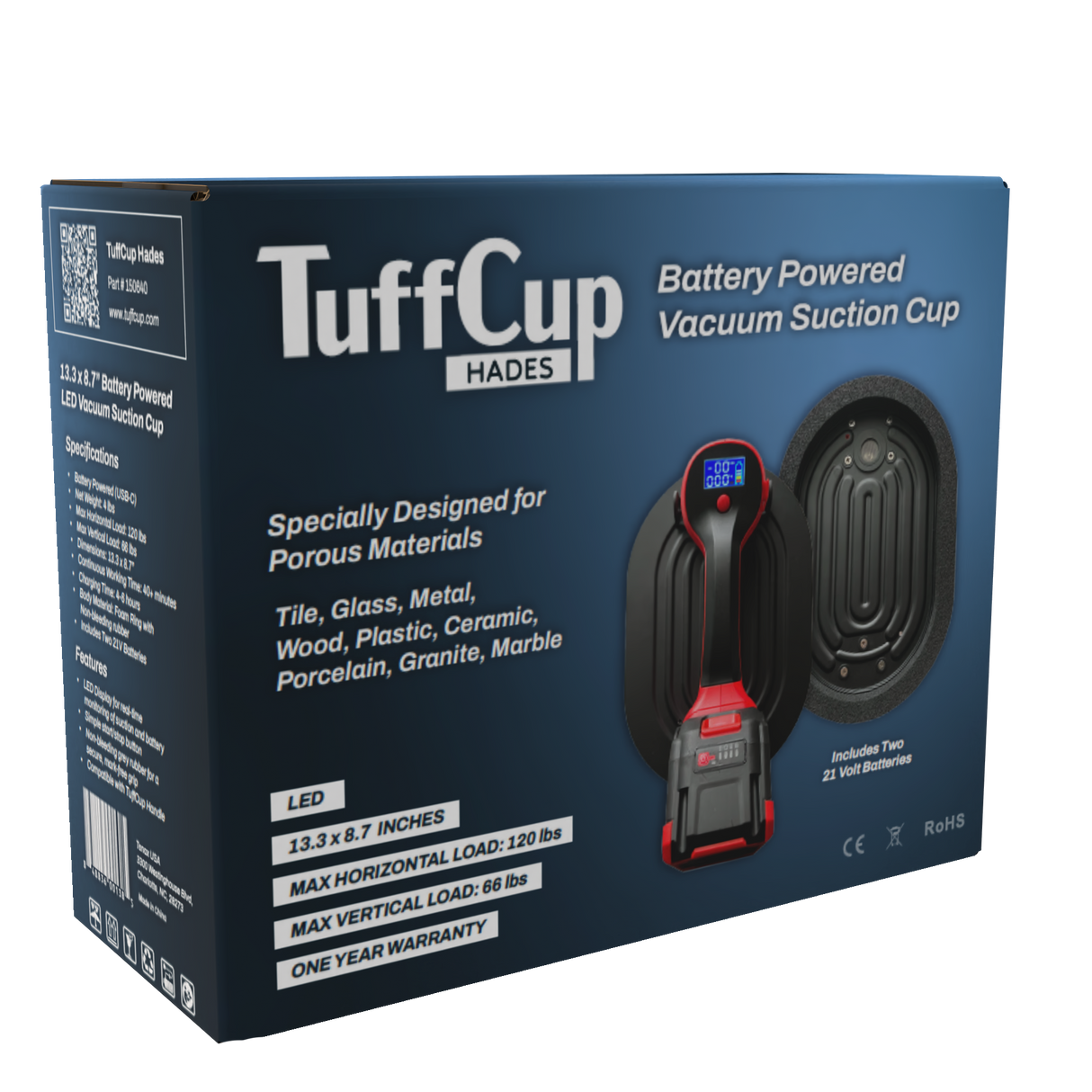 Tenax TuffCup Hades 13.3" x 8.7" LED Battery Powered Vacuum Cup with 200W Motor