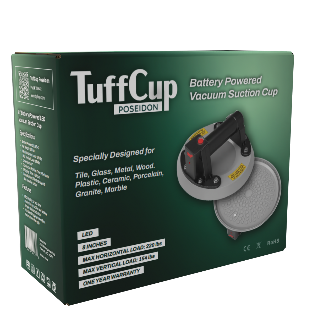 Tenax TuffCup Poseidon 8" Battery Powered LED Vacuum Cup for Stone and Glass