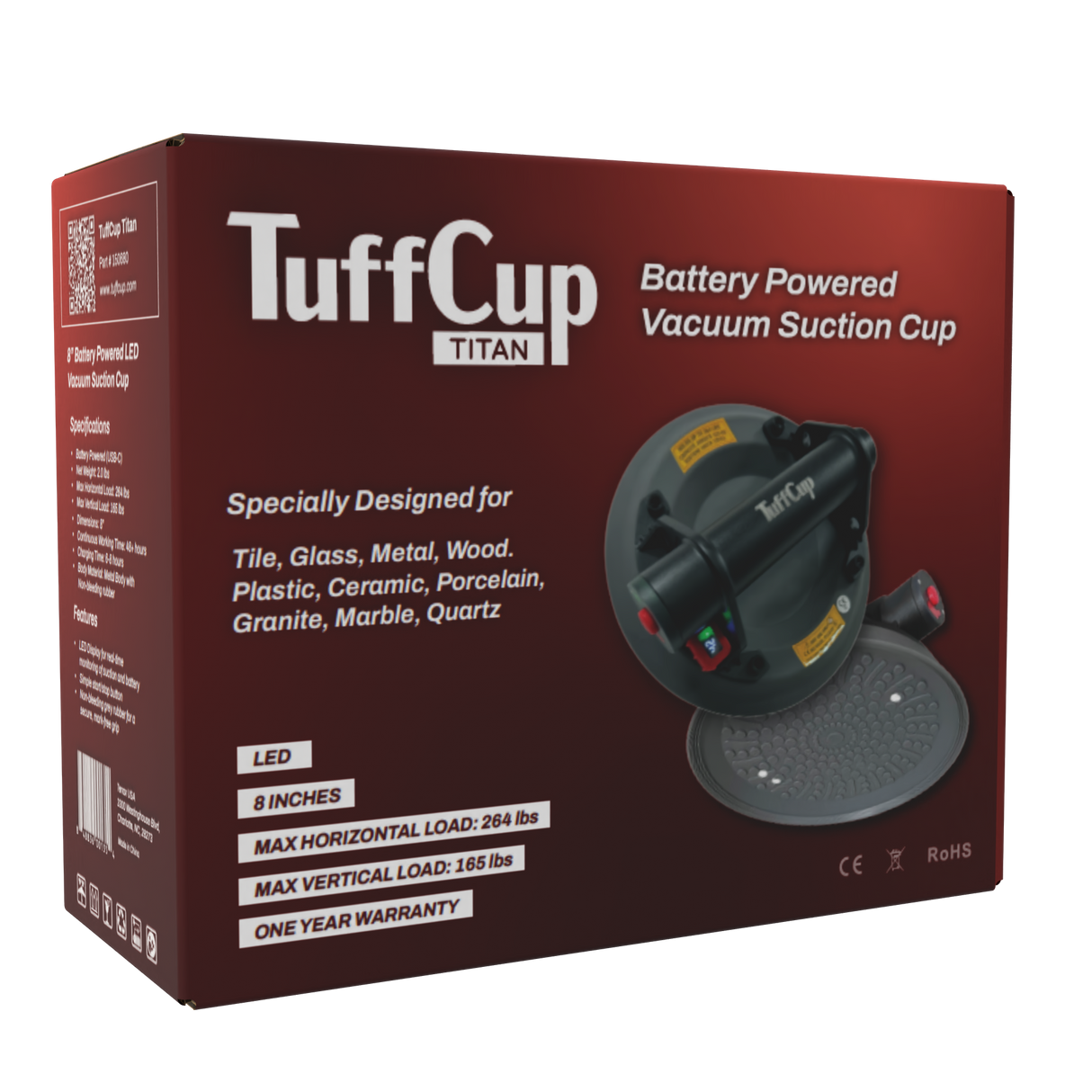 Tenax TuffCup Titan 8" LED Battery Powered Vacuum Cup for Granite and Glass