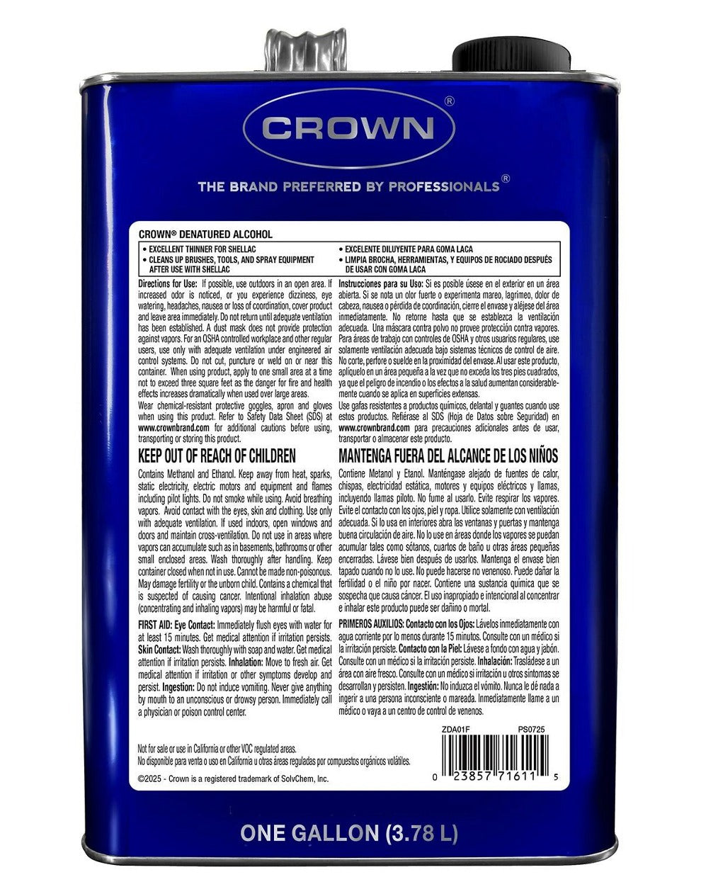 Crown Denatured Alcohol Thins Shellac 1 Gallon full directions and safety label