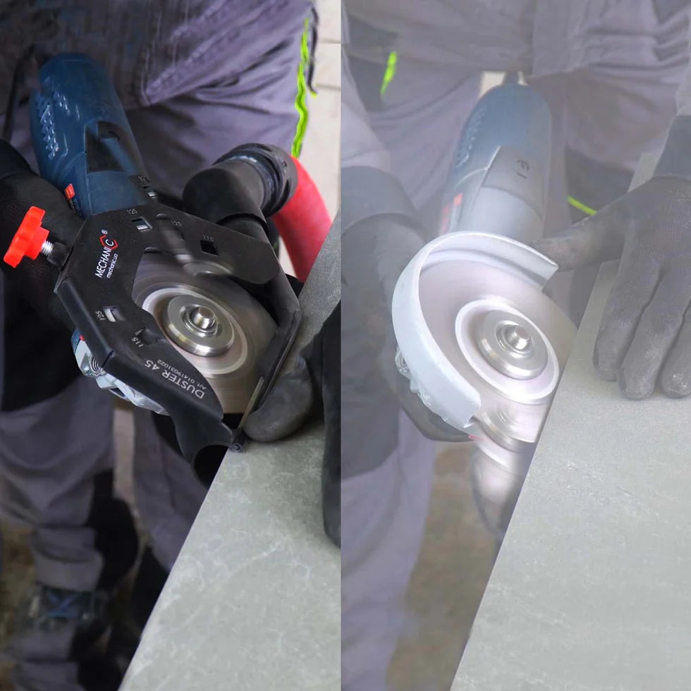 DUSTER 45 Cutting Guard 4.5"–5" – Dust-Free 45° Tile Cutting Attachment for Angle Grinders