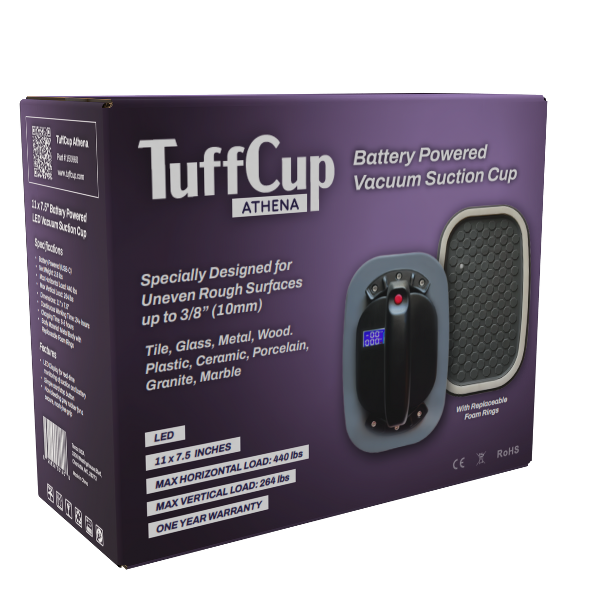 Tenax TuffCup Athena 11" LED Battery Powered Vacuum Cup — 440 lb Heavy-Duty Capacity