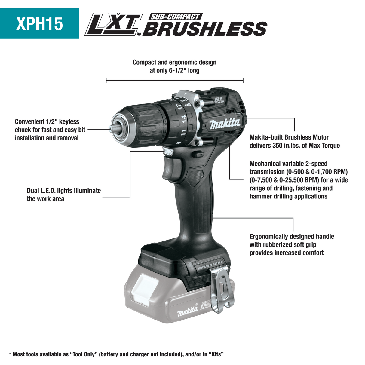Makita 18V LXT® Sub‑Compact Brushless 1/2" Hammer Driver‑Drill — Tool Only (XPH11ZB)