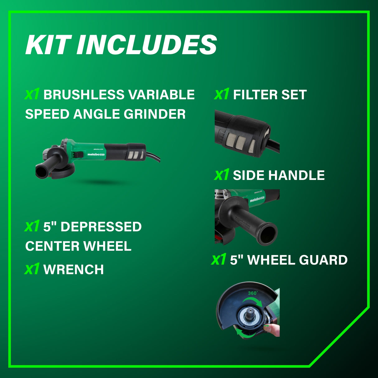 Metabo HPT 5.0" 12 Amp AC Brushless Variable Speed Grinder