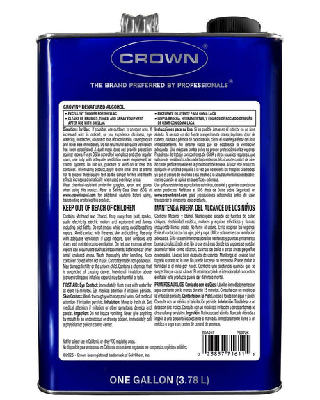 Crown Denatured Alcohol Thins Shellac 1 Gallon full directions and safety label