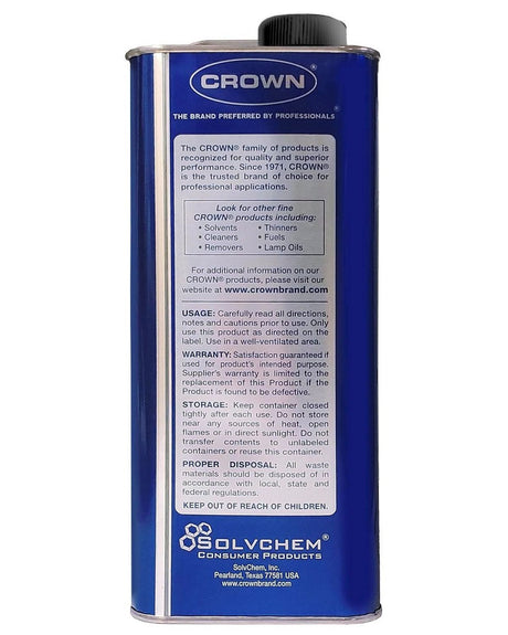 Crown Denatured Alcohol 1 Gallon back label with usage and storage information
